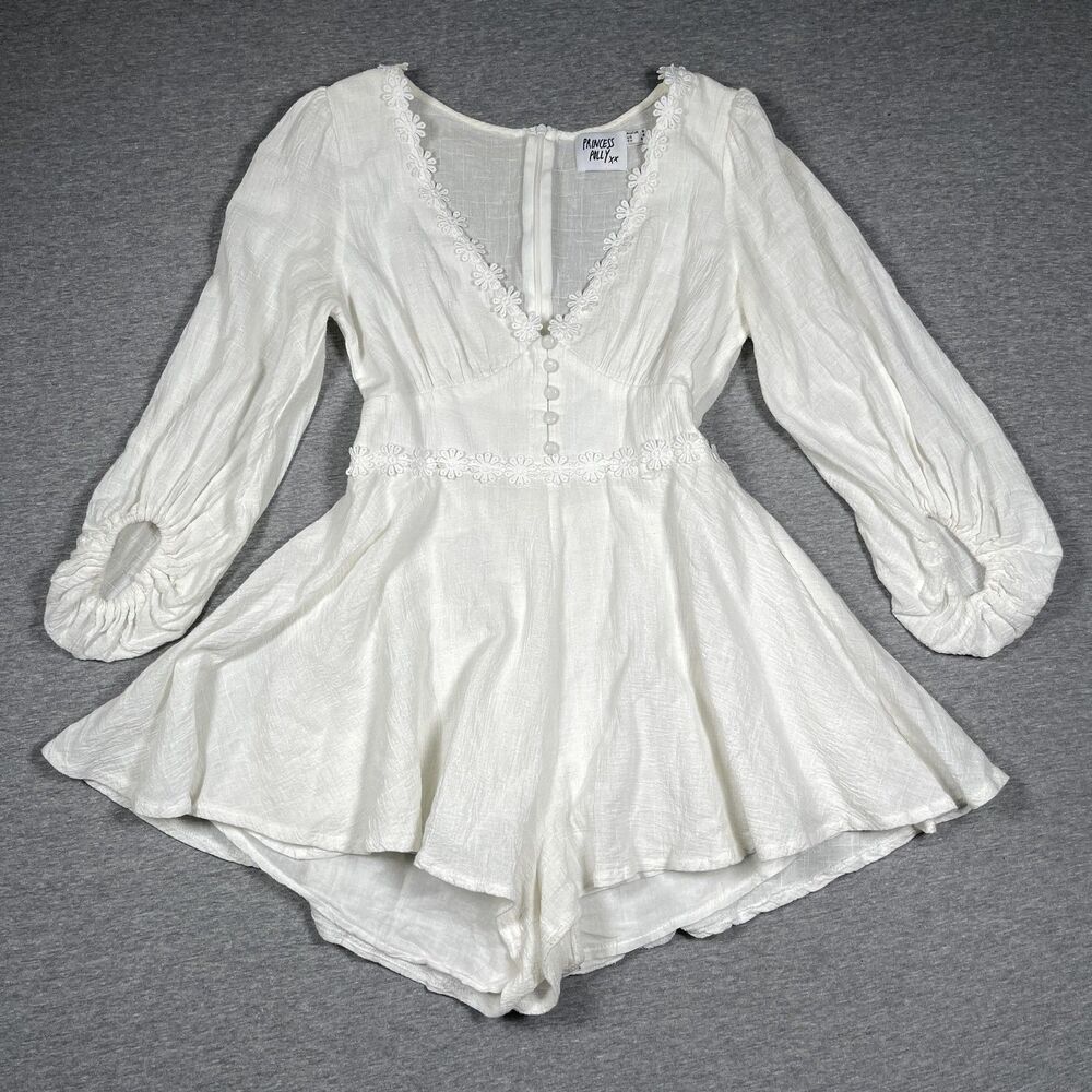 Princess Polly Romantic Flowy One-Piece Romper Womens 4 White Cotton Lace V-Neck